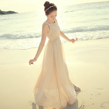 明星同款2016韩版夏季修身钉珠背心波西米亚长裙沙滩裙度假连衣裙