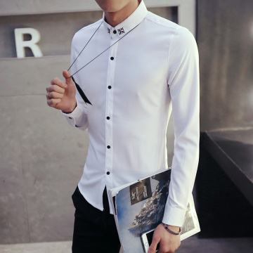 韩版修身男士青年长袖衬衫英伦风秋装英伦休闲衬衣个性白色潮寸衣