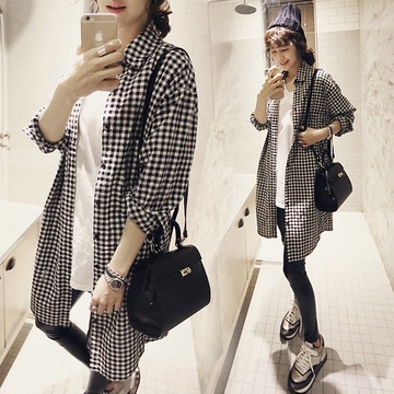 2015新款韩版黑白格子衬衫春季打底衫女中长款长袖修身显瘦衬衣女