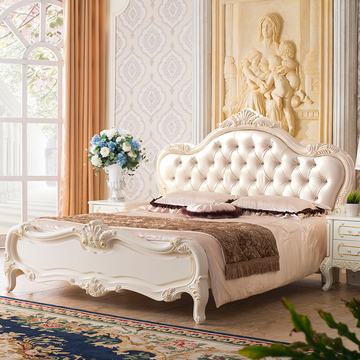 优恋家 欧式床实木床1.8米奢华法式结婚卧室皮艺床白色双人床现货
