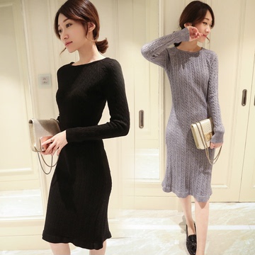 冬季圆领黑色纯色通勤中腰中长裙套头一步裙常规韩版新款连衣裙