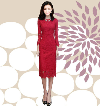 秋装新款 韩版镂空蕾丝红色连衣裙 修身长袖中长裙女蕾丝裙潮
