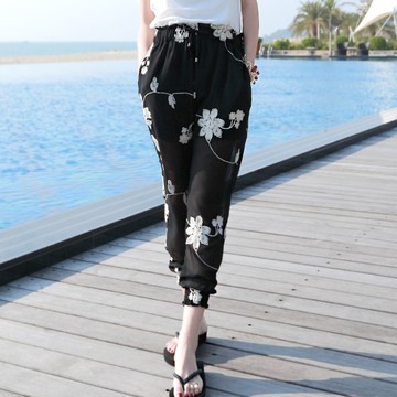 夏季新款韩版女装裤子刺绣九分裤波西米亚海边度假休闲大码沙滩裤