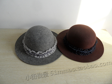 日本merryjenny新品皱边蕾丝丝绒腰带羊毛材质宽檐圆顶礼帽甜美风