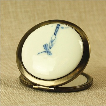 景德镇 陶瓷便携折叠镜亚光白彩绘化妆镜 高档梳妆镜 铜镜 小礼物