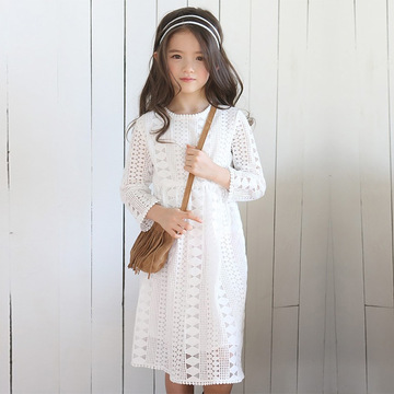 女童连衣裙长袖长款韩国童装女中大童长裙儿童镂空蕾丝公主裙白色