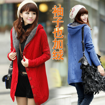 秋冬新款女装韩版中长款加绒加厚保暖毛衣女外套连帽针织开衫
