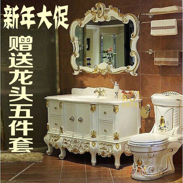 现货欧式浴室柜组合橡木落地大理石双盆实木仿古卫浴柜简欧洗脸柜