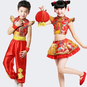 儿童喜庆演出服装 男女少儿打鼓服小学生中国风舞蹈服 幼儿秧歌服