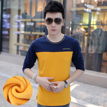 2015冬天男士加绒加厚长袖T恤韩版修身圆领全纯棉保暖上衣常规潮