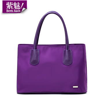紫魅新款女包韩版 休闲手提包布包防水尼龙配牛皮高档白领潮包