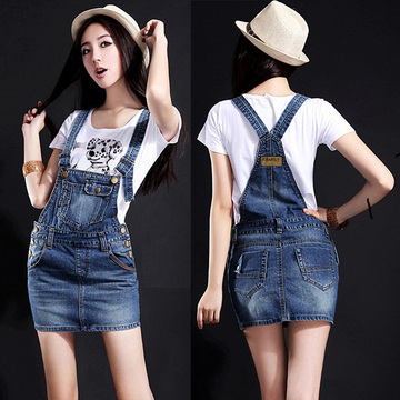2015夏季新款 韩国高腰牛仔背带群 半身包臀牛仔背带短裙女