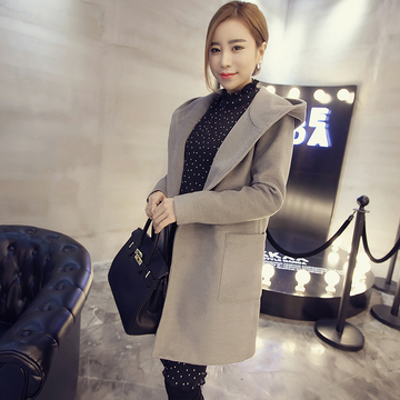 2015冬装新款韩国直筒连帽呢子外套中长款长袖扣门襟休闲女大衣