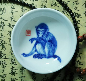 虎缘斋 手绘十二生肖猴动物景德镇陶瓷功夫茶具青花品茗普洱单杯