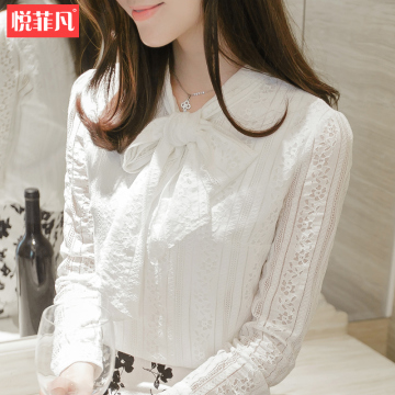 白色蕾丝衫上衣2016秋季新品韩版显瘦蝴蝶结雪纺衬衫长袖打底衫女
