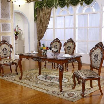 美式餐桌椅组合6人欧式仿古深色实木橡木雕花饭桌椅 复古做旧饭桌