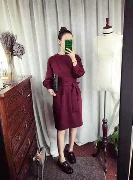 2016韩国订单 高级定制面料大牌复古风显瘦收腰气质款腰带连衣裙