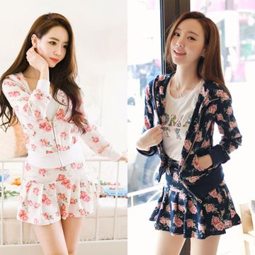 2015秋季新款韩版时尚修身玫瑰花大码女装 卫衣短裙两件套装裙潮