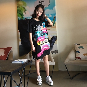 abo雅贝露2017夏季新款 欧洲站泰国潮牌字母印花甜美T恤裙中长款