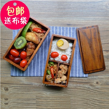 出口日式双层便当盒实木饭盒学生餐盒天然木餐具盒环保饭盒送布袋