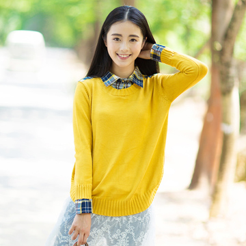 秋冬装新款2015韩版女装衬衫领长袖宽松版条纹针织毛衣假两件外套