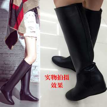 2015新款女长靴子高跟秋季防水台骑士靴黑色马丁靴坡跟真皮女靴子