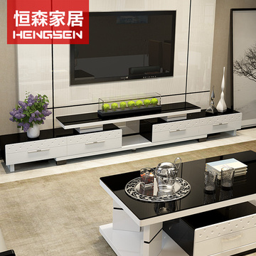 电视柜伸缩现代客厅钢化玻璃黑白简约电视机柜茶几组合烤漆小户型