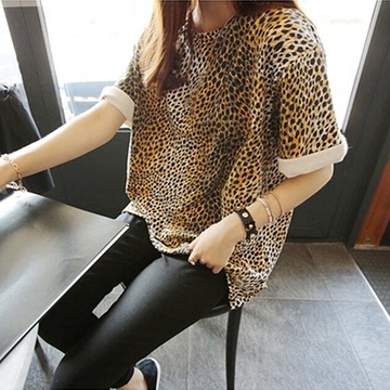 韩版女装2015夏装新款个性豹纹圆领短袖T恤衫夏天百搭宽松半袖女