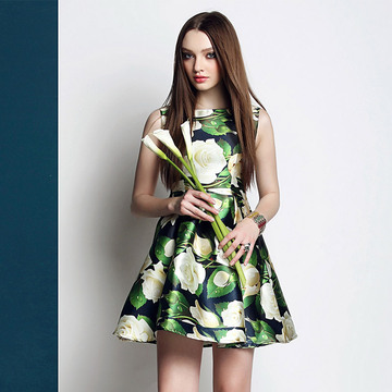 2015夏季新款女装 欧美品牌时尚清新花朵玫瑰印花无袖连衣裙短裙
