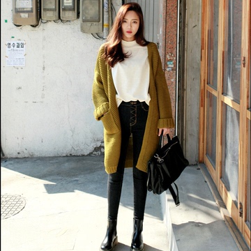 大码女装2015秋季新款韩版针织衫中长款开衫外套檫肩袖宽松毛衣潮