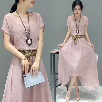 女装2016新款韩版时尚圆领高腰夏季短袖中长款修身连衣裙子两件套