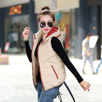 2016新款冬季女装羽绒棉服外套短款无袖马甲韩版修身连帽纯色棉衣