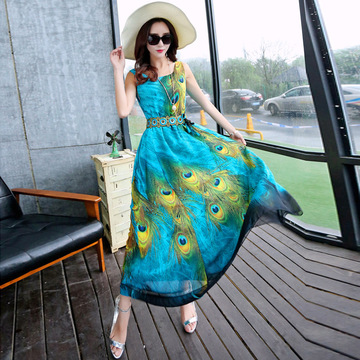 2015夏季新款韩版女装雪纺时尚中长款印花短袖波西米亚连衣裙特价