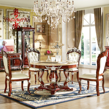 欧式大理石餐桌 法式圆形圆桌 客厅实木饭桌 描金餐桌椅组合红色