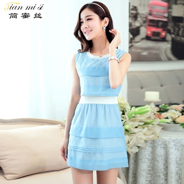 简蜜丝2015夏装新款韩版假两件蓝色条纹显瘦圆领无袖雪纺女连衣裙