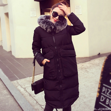 2015冬装韩版狐狸毛领羽绒服女中长款大口袋棉衣大码修身加厚外套