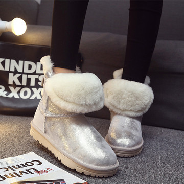 韩版2015秋冬季皮毛一体中筒雪地靴平底白色短靴女真皮加厚棉靴子