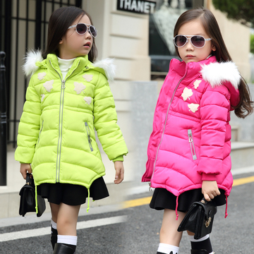 韩版童装女童棉衣中长款加厚保暖时尚修身棉服中大童绣花连帽潮新