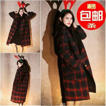 冬装新款2015韩版复古宽松大码中长款显瘦红格子毛呢外套大衣女潮