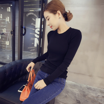 2015秋冬款韩版圆领长袖修身女士显瘦纯色针织打底衫t恤紧身上衣