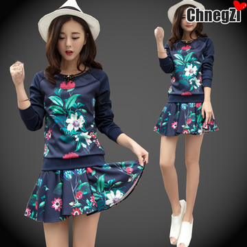 2015秋季新款韩版印花时尚套装卫衣短裙女大码女装气质潮两件套