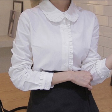 2016春季新款韩国学院风娃娃领白衬衫木耳边百搭长袖打底棉衬衣女