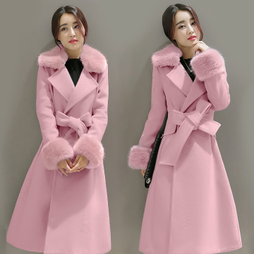 2015新款韩版女装冬毛领修身长款毛呢外套女系带收腰西装领呢大衣