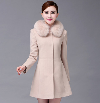秋冬新款女装韩版毛呢外套女中长款 大毛领纯色修身羊毛呢子大衣