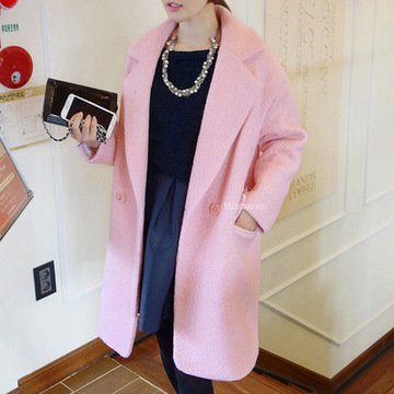 2015秋冬季新款女装 韩版长款加棉加厚粉色羊毛呢大衣外套女WT132