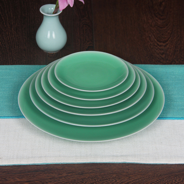 新品 龙泉青瓷 餐具 盘圆形 6-12寸 平盘菜盘平浅盘 创意陶瓷盘子