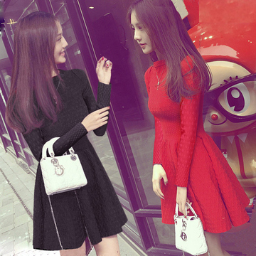 2015秋冬女新款韩国小香风收腰显瘦长袖针织红色连衣裙短裙A字裙