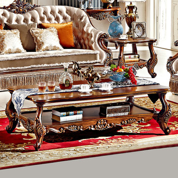 优恋家 客厅家具美式 实木长茶几橡胶木长方形带储物格茶桌茶台