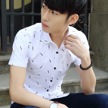 男士短袖衬衫上衣韩版纯棉修身夏季新款学生潮青年寸衫白色衬衣
