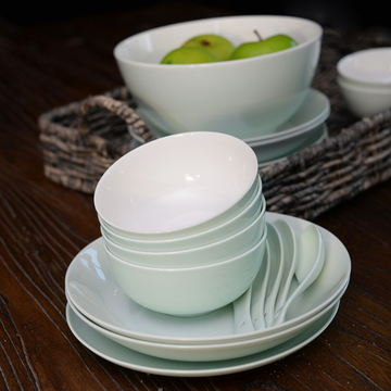 齐青骨瓷碗套装纯色青瓷浮雕面碗汤碗餐具